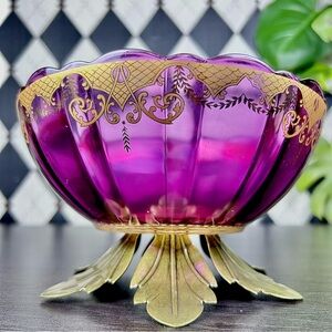 Martha Willard Purple Glass Compote Gilt Brass Base 7" Pedestal Centerpiece Bowl